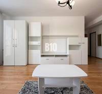 Interiér rekreačního apartmánu s bílým nábytkem a podlahou s dřevěným dekorem.