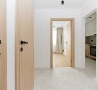 Světlá předsíň s podlahou v dekoru dřeva v 3-pokojovém bytě.