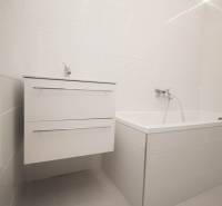 Elegantní koupelna s bílým umyvadlem a vanou v 2pokojovém bytě.