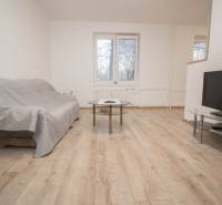 Obývací pokoj v 2-pokojovém bytě s pohovkou, stolkem a televizí na podlaze s dřevěným dekorem.