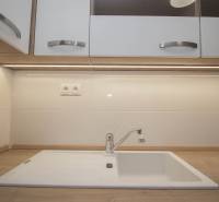 Kuchyňská pracovní deska s dřevěným dekorem a bílým dřezem v 2-pokojovém bytě.