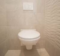 Koupelna v 2-pokojovém bytě s bílou toaletou a světlými obklady.