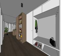 Interiér 2-pokojového bytu s dekorem dřeva, vestavěné skříně a prosvětlený obývací prostor.