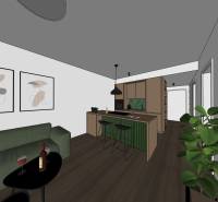 Obývací pokoj s kuchyní, zelená sedačka, jídelní kout, podlaha s dřevěným dekorem.