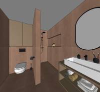 Moderní koupelna v 2pokojovém bytě s prostorným sprchovým koutem a umyvadlem.