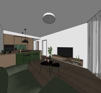 Obývací pokoj v 2-pokojovém bytě s kuchyňským koutem a podlahou s dřevěným dekorem.