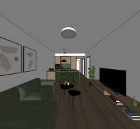 Obývací pokoj s pohovkou, TV, kuchyňskou linkou a podlahou s dřevěným dekorem v 2pokojovém bytě.