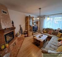 Obývací pokoj v rodinném domě s krbem, pohovkou a podlahou s dřevěným dekorem.