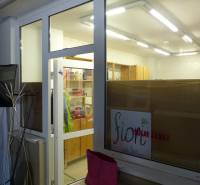 Interiér s regály a osvětlením, pohled přes skleněné dveře, Sklady a haly.