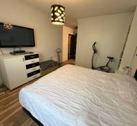 Ložnice ve 3pokojovém bytě s postelí, televizí a podlahou s dřevěným dekorem.