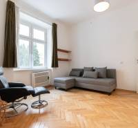 Světlý obývací pokoj s podlahou s dřevěným dekorem ve 4-pokojovém bytě, šedá sedačka, křeslo.