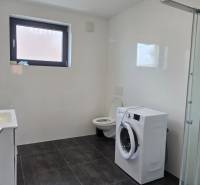 Koupelna ve 3-pokojovém bytě se sprchovým koutem, pračkou a černou dlažbou.