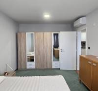 Pokoj v 3-pokojovém bytě s postelí, skříní, klimatizací a dřevěným dekorem nábytku.