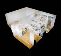 3D půdorys 1-pokojového bytu s podlahou s dřevěným dekorem.