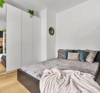 Ložnice v garsonce s postelí, bílou skříní a podlahou s dřevěným dekorem.