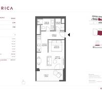 Půdorys 1-pokojového bytu s kuchyní, obývacím pokojem a lodžií.