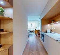 Kuchyně v 1-pokojovém bytě s policemi a podlahou s dřevěným dekorem.