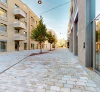 Ulice ve Floriánské, Bratislava - Staré Město s novými bytovými domy a vysazenými stromy.