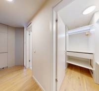 Interiér 1-pokojového bytu s podlahou s dřevěným dekorem a vestavěnými skříněmi.