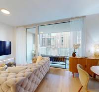 Obývací pokoj v 1-pokojovém bytě s podlahou s dřevěným dekorem a balkonem.