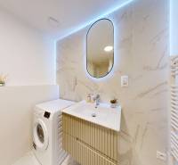 Koupelna s umyvadlem, pračka, zrcadlo a dekorace v 1-pokojovém bytě.