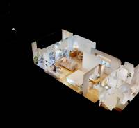 3D půdorys 1-pokojového bytu s podlahou s dřevěným dekorem.