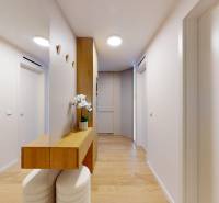 Chodba v 1-pokojovém bytě s bílými stěnami a podlahou s dřevěným dekorem.