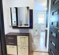 Chodba s dřevěným dekorem a obkladem ve 3-pokojovém bytě, skříňka se zrcadlem.