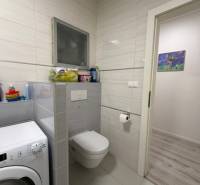 Koupelna s pračkou, toaletou a dlažbou v 2-pokojovém bytě.