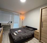 Ložnice v dvoupokojovém bytě s podlahou s dřevěným dekorem a postelí vedle okna.