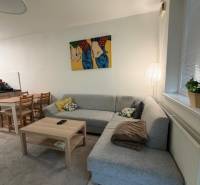 Světlý obývací pokoj s rohovou sedačkou a uměním v 2-pokojovém bytě.