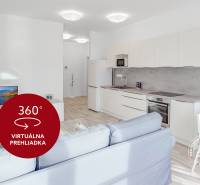 Obývací pokoj s kuchyní, podlaha s dřevěným dekorem, bílá kuchyňská linka, 2pokojový byt.