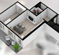 3D půdorys 2pokojového bytu s obývacím pokojem, ložnicí a balkonem, podlaha s dřevěným dekorem.