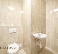 Koupelna v rodinném domě s bílým umyvadlem a toaletou.