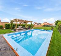 Rodinný dům v Horním Mýtě: Bazén, pergola a upravená zahrada na zahradě.