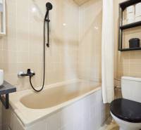 Koupelna s vanou, umyvadlem, sprchou a toaletou v 2-pokojovém bytě.