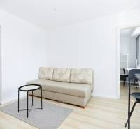 Obývací prostor s pohovkou, stolkem a podlahou s dřevěným dekorem v 2pokojovém bytě.