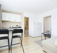 Interiér 2-pokojového bytu s kuchyní, barovými stoličkami a podlahou s dřevěným dekorem.