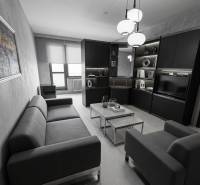 Obývací pokoj ve 2-pokojovém bytě s tmavým nábytkem a komfortní sedačkou.