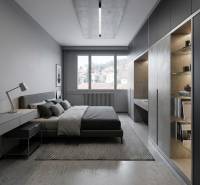 Ložnice v 2pokojovém bytě s textiliemi a vestavěnými skříněmi, podlaha s dřevěným dekorem.