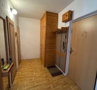 Chodba s podlahou s dřevěným dekorem a vestavěnými skříněmi v 2-pokojovém bytě.