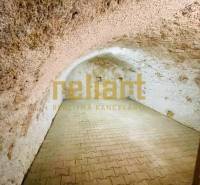 Sklep s cihlovou podlahou v rodinném domě.