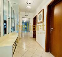 Chodba v rodinném domě s dlažbou, zrcadlovou stěnou a dřevěnými dveřmi.