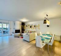 Interiér rodinného domu s krbem, podlahou s dřevěným dekorem a jídelním stolem.