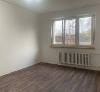 Pokoj s bílými stěnami, podlahou s dřevěným dekorem a velkým oknem v 2-pokojovém bytě.