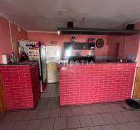 Gastro prostory s cihlovým barem, podlaha s dřevěným dekorem, stěny s růžovým nátěrem.