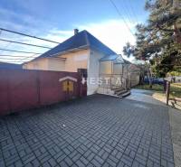 Rodinný dům se zahradou v Senici, velká vstupní brána, dlážděný dvůr, strom.