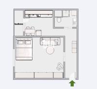 Půdorys 1-pokojového bytu s balkonem, koupelnou a kuchyní.