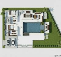 Půdorys Vily v Pattayi s bazénem, zahradou, terasou a dvojgaráží.