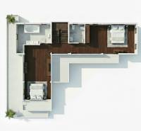 Půdorys vily se dvěma ložnicemi a koupelnou, využívající podlahu s dřevěným dekorem.